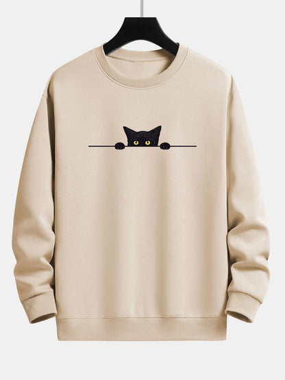 Schwarzes Sweatshirt mit Katzenprint und Relax-Fit