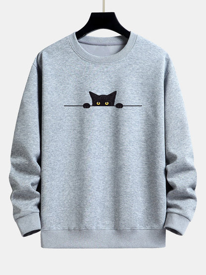 Schwarzes Sweatshirt mit Katzenprint und Relax-Fit